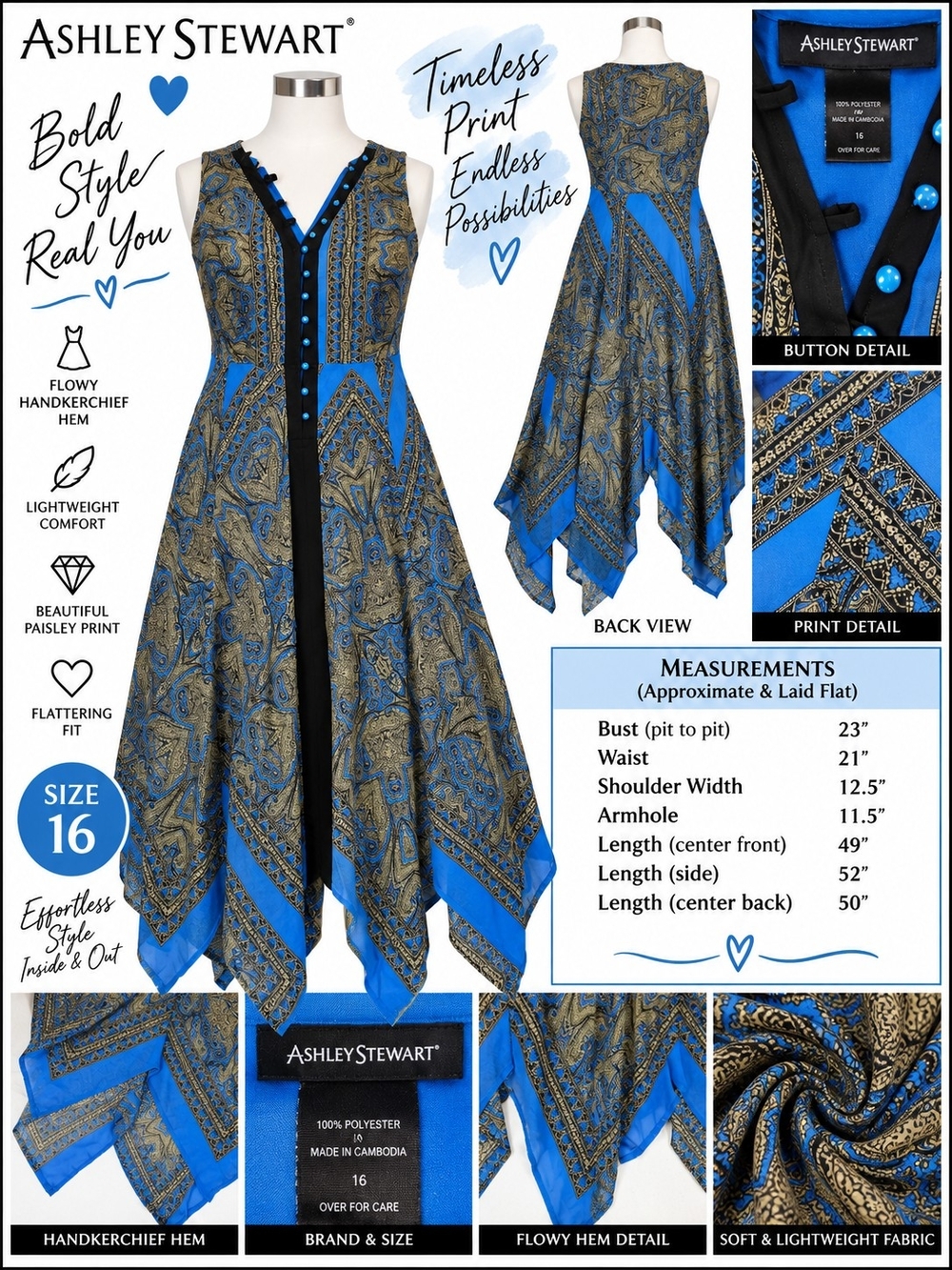 Ashley Stewart Blue and Gold Paisley Asymmetrical Handkerchief Hem Dress